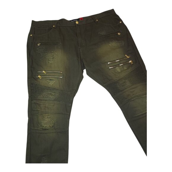 Makobi Mens Distressed Faded Pants Olive Green Size 50X32 With Zipper Accents - Picture 6 of 11